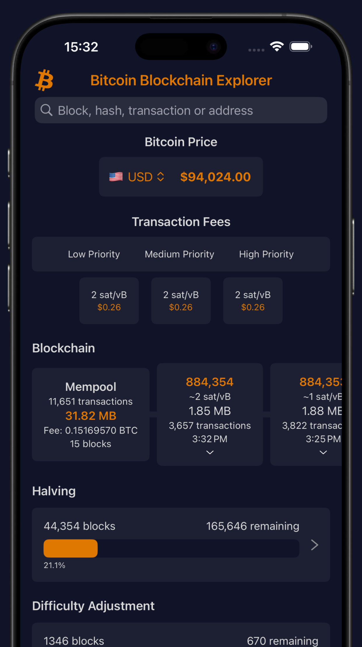 Bitcoin Explorer home screen showing BTC price, fees and blockchain overview