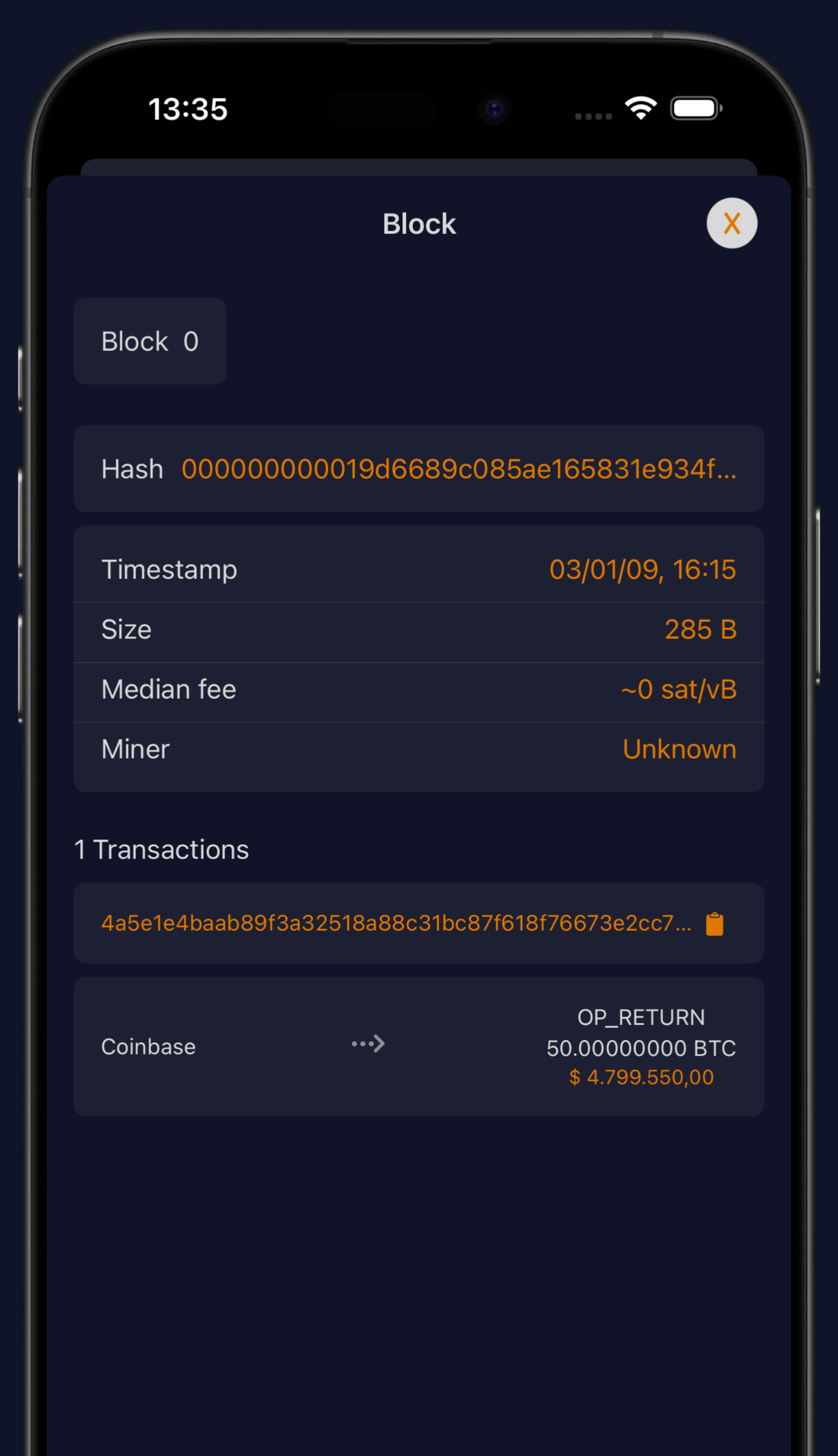 Block detail screen with hash, timestamp and transactions